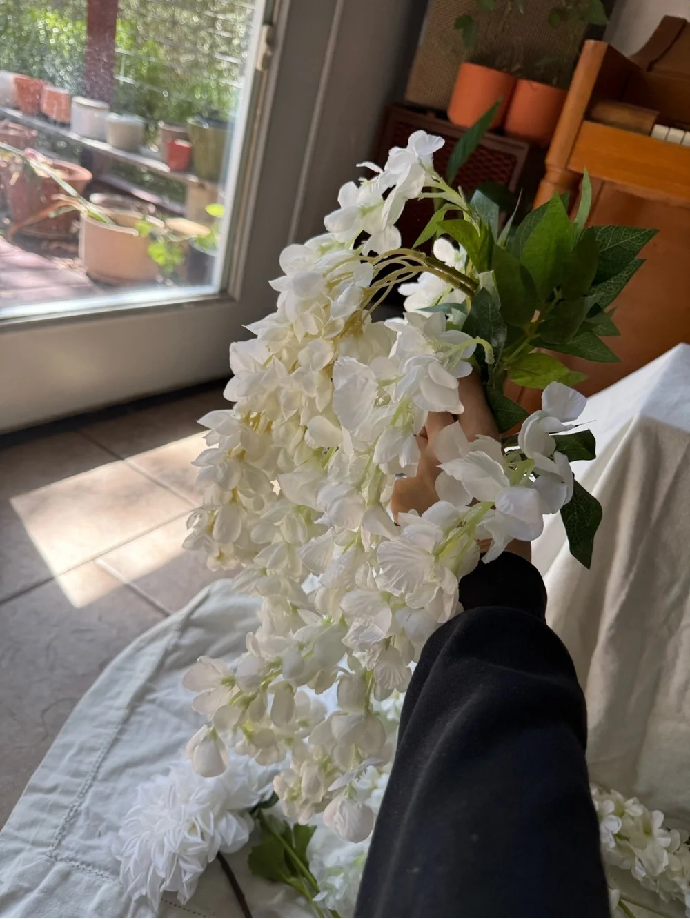 Wedding Supplies - White Table Cloth, Faux Florals, Floral Foam